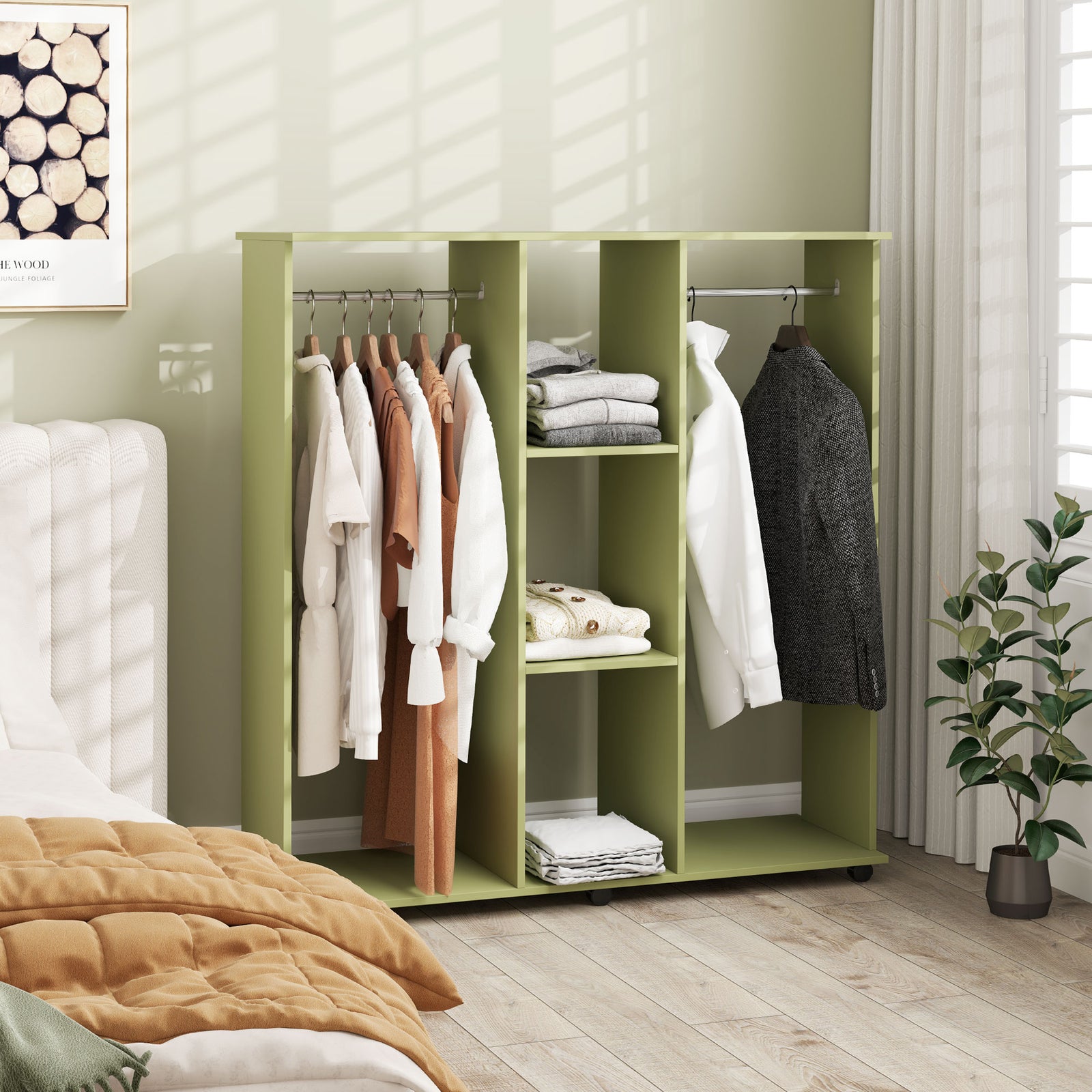Mobile Double Open Wardrobe W/ Clothes Hanging Rail | Green