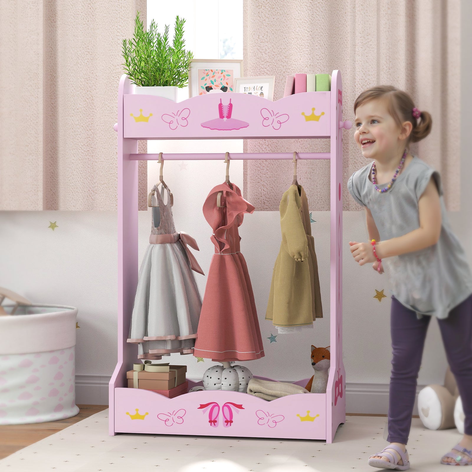 Kids Clothes Rail, Dress Up Rail W/ 2 Storage Shelves, 70 X 37 X 103cm | Pink