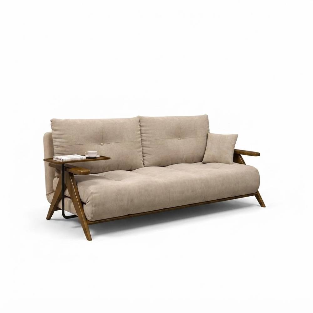 3-in-1 Convertible Sofa Bed With Side Table | Modern Sleeper Chair, Chaise Lounge & Floor Bed | Solid Wood Armrests & High-resilience Foam | Small | Beige