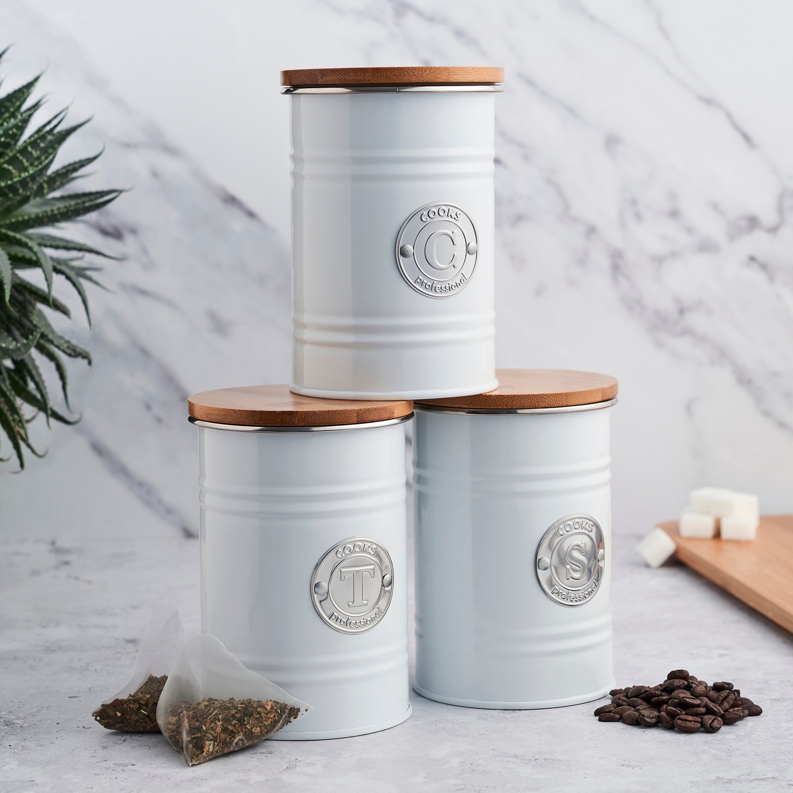 3-piece Kitchen Storage With Bamboo Lids Tea Coffee Sugar | White
