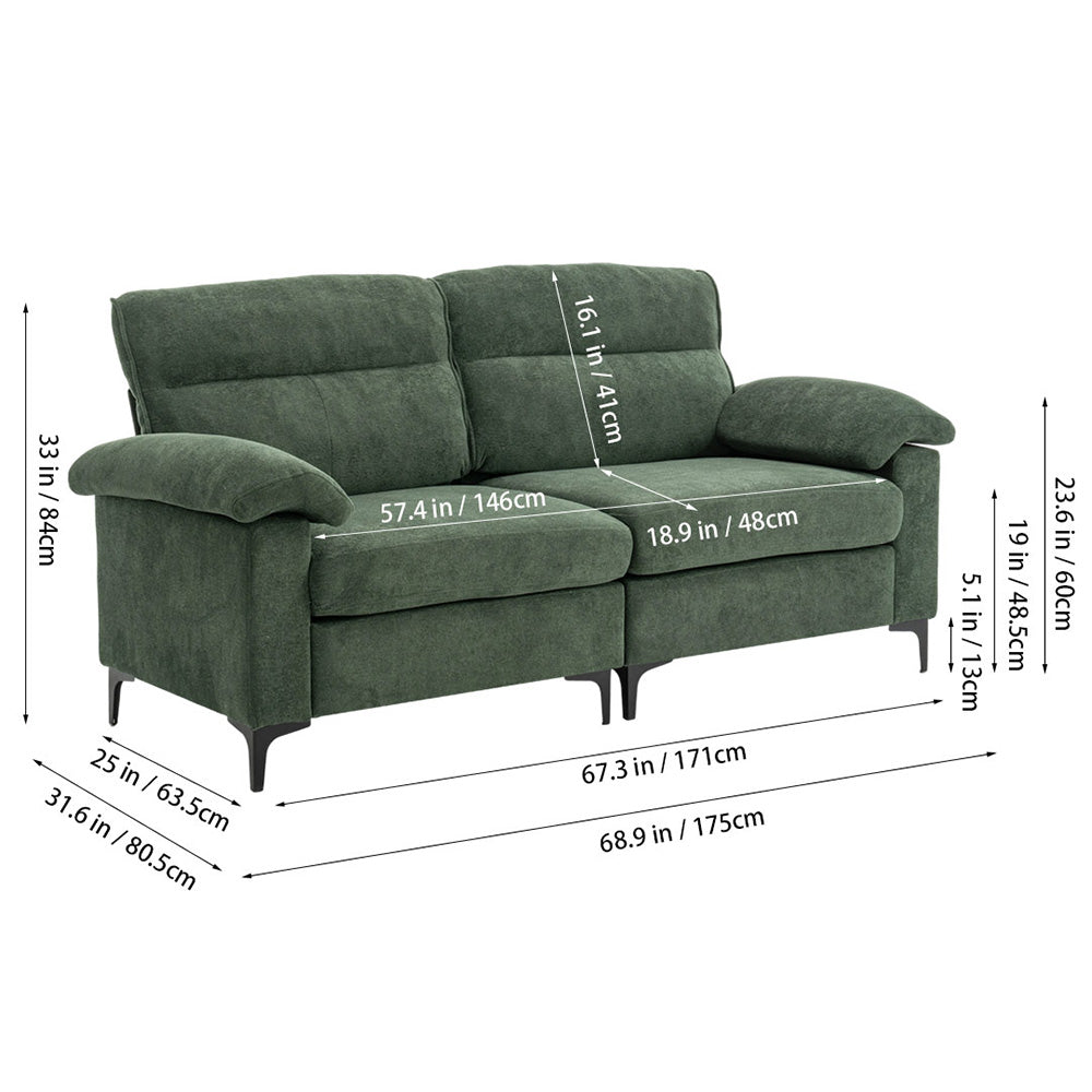 Minimalist Chenille Fabric Two-seat Sofa With Wooden Frame & Black Metal Legs | Green