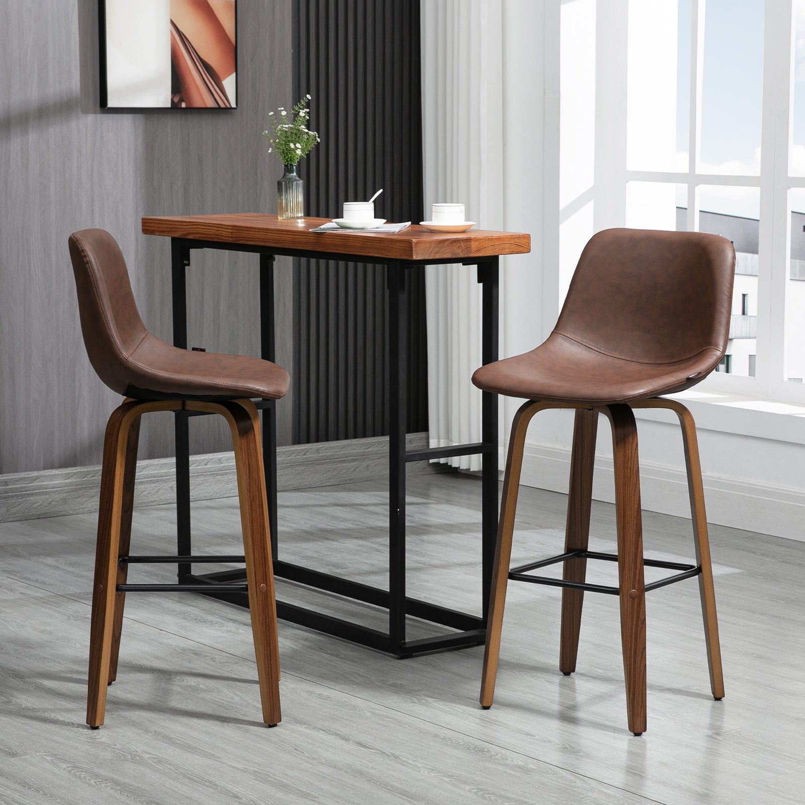 HOMCOM Counter Height Barstools Mid-back Pu Wood Legs