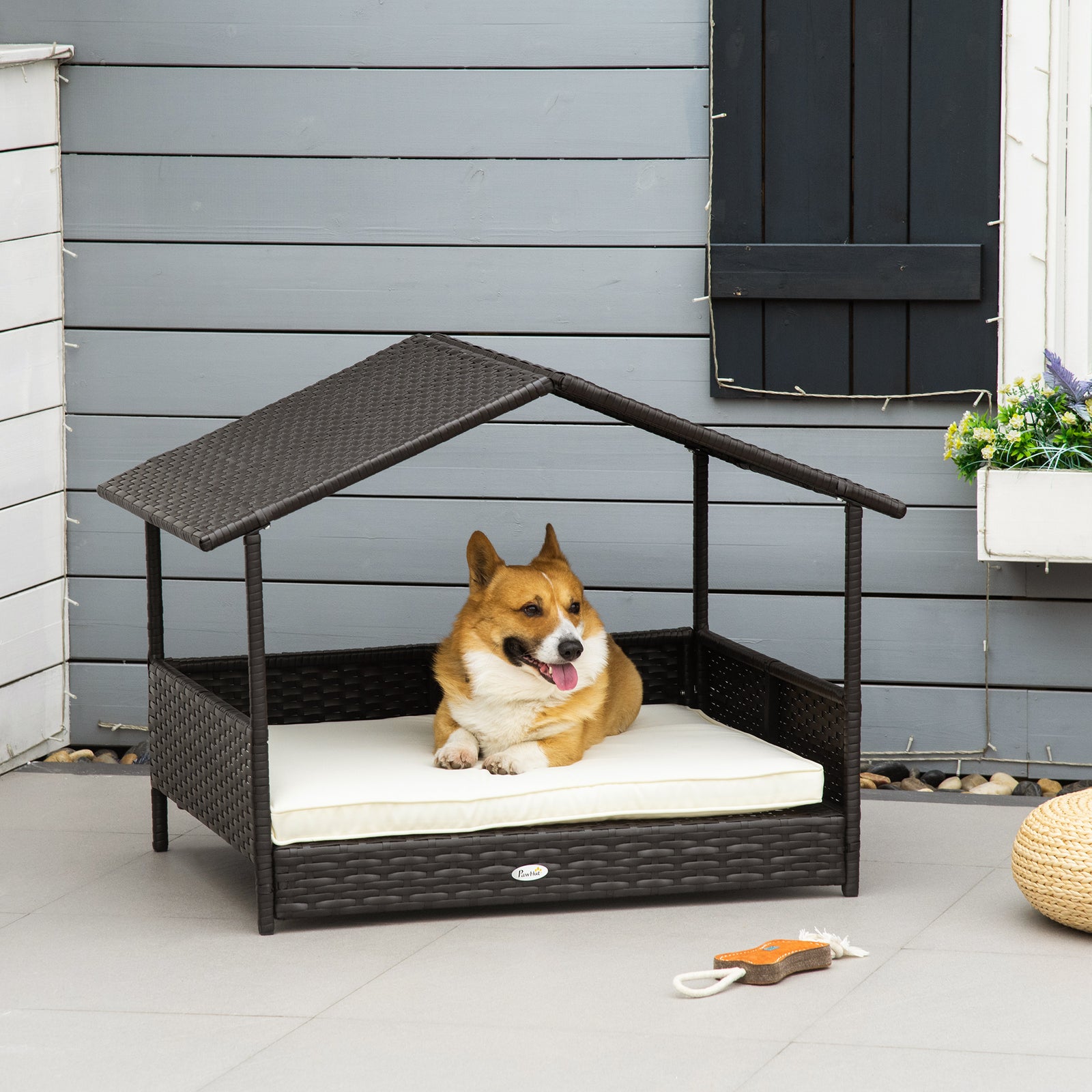 Pawhut Wicker Dog House, Rattan Pet Bed With Soft Cushion, Cat Basket | Cream