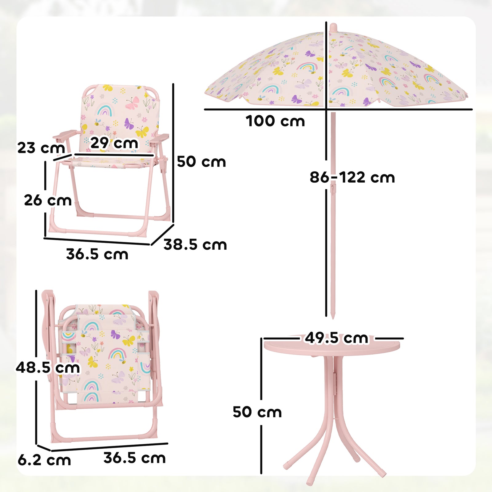 Kids Garden Furniture, Children Table And Chair Set W/ Adjustable Parasol | Pink