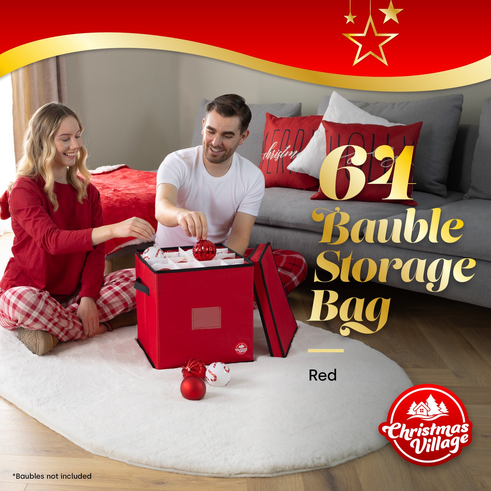 Collapsible Red 64 Bauble Storage Bag With Zipped Lid & Handles