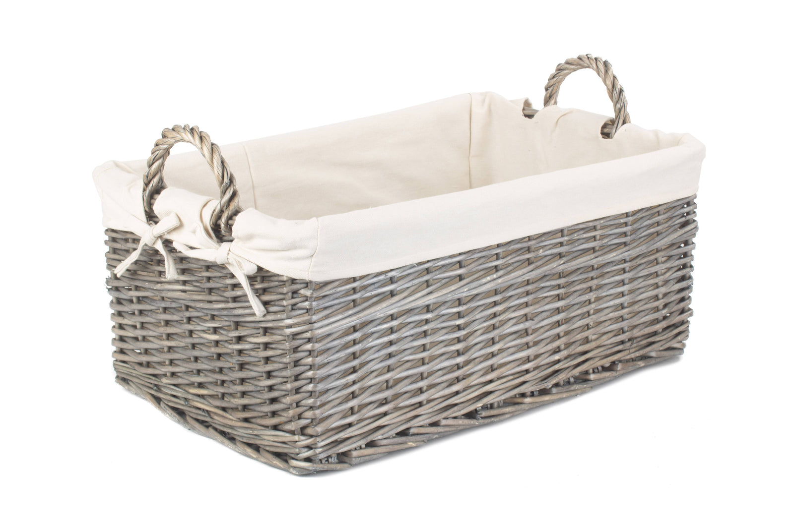 Wicker Shallow Lined Antique Wash Storage Basket | Large | White