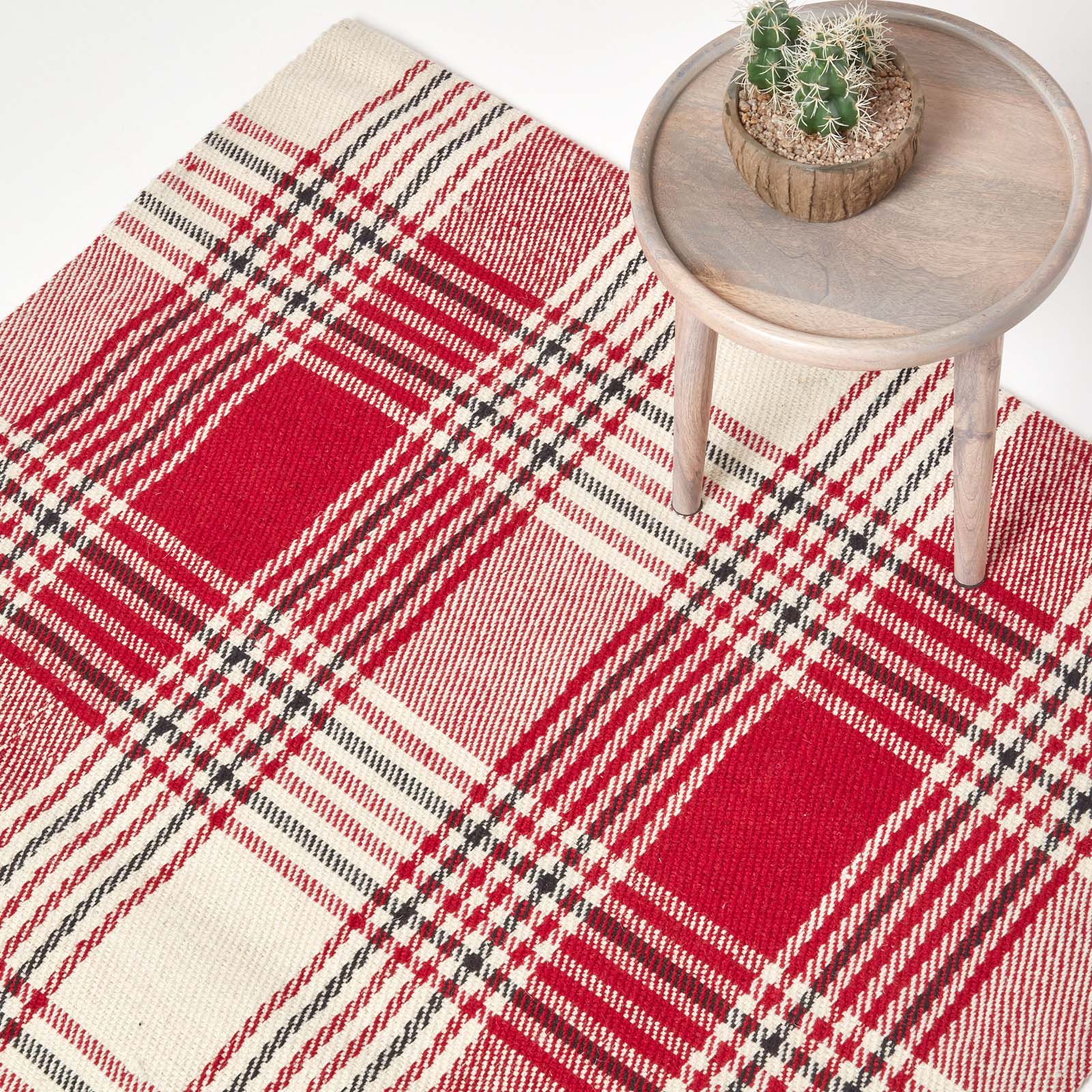Tartan Check Non-slip 100% Wool Rug | 120cm x 80cm | Red
