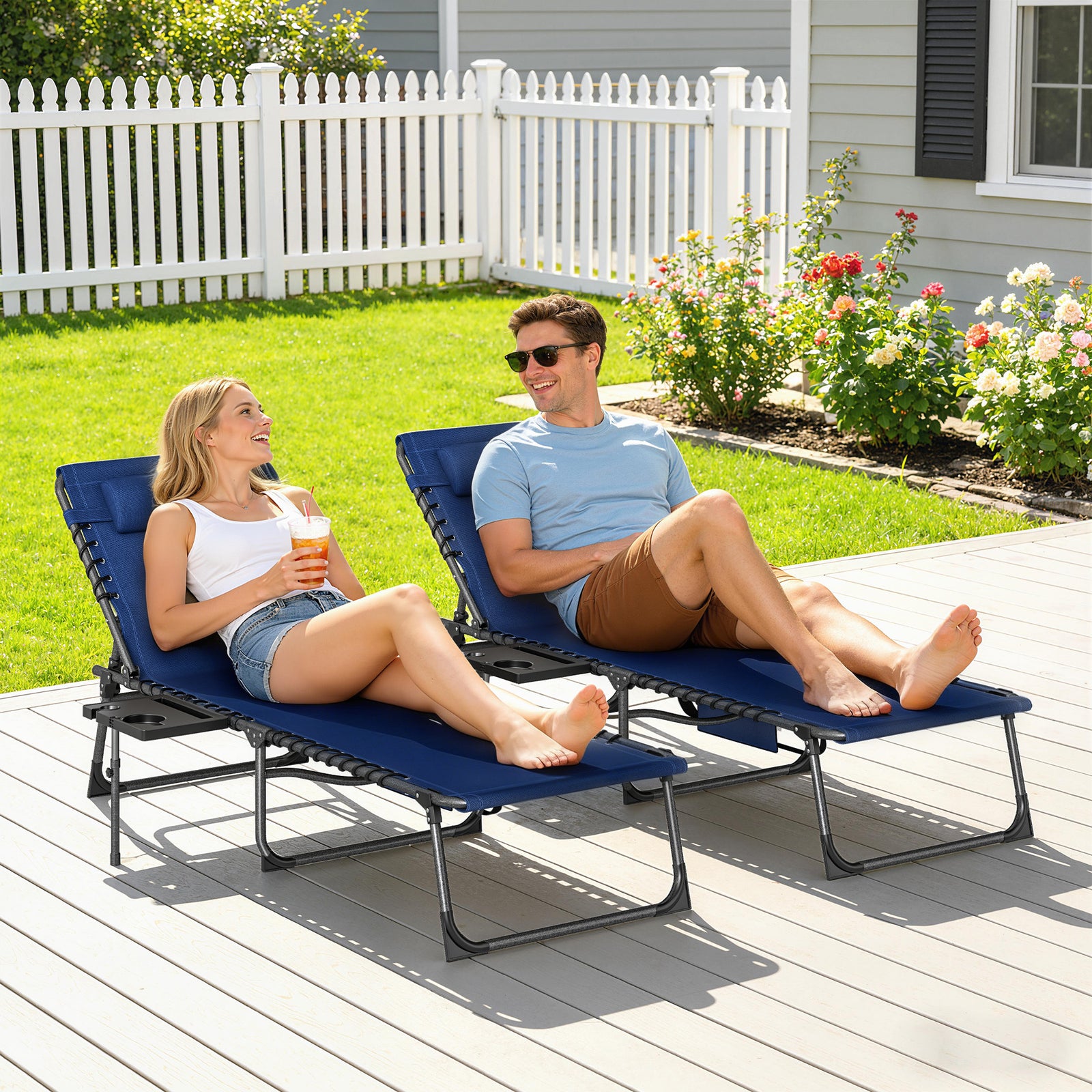 Folding Sun Loungers With 5-level Back, Cup Holder | Dark Blue