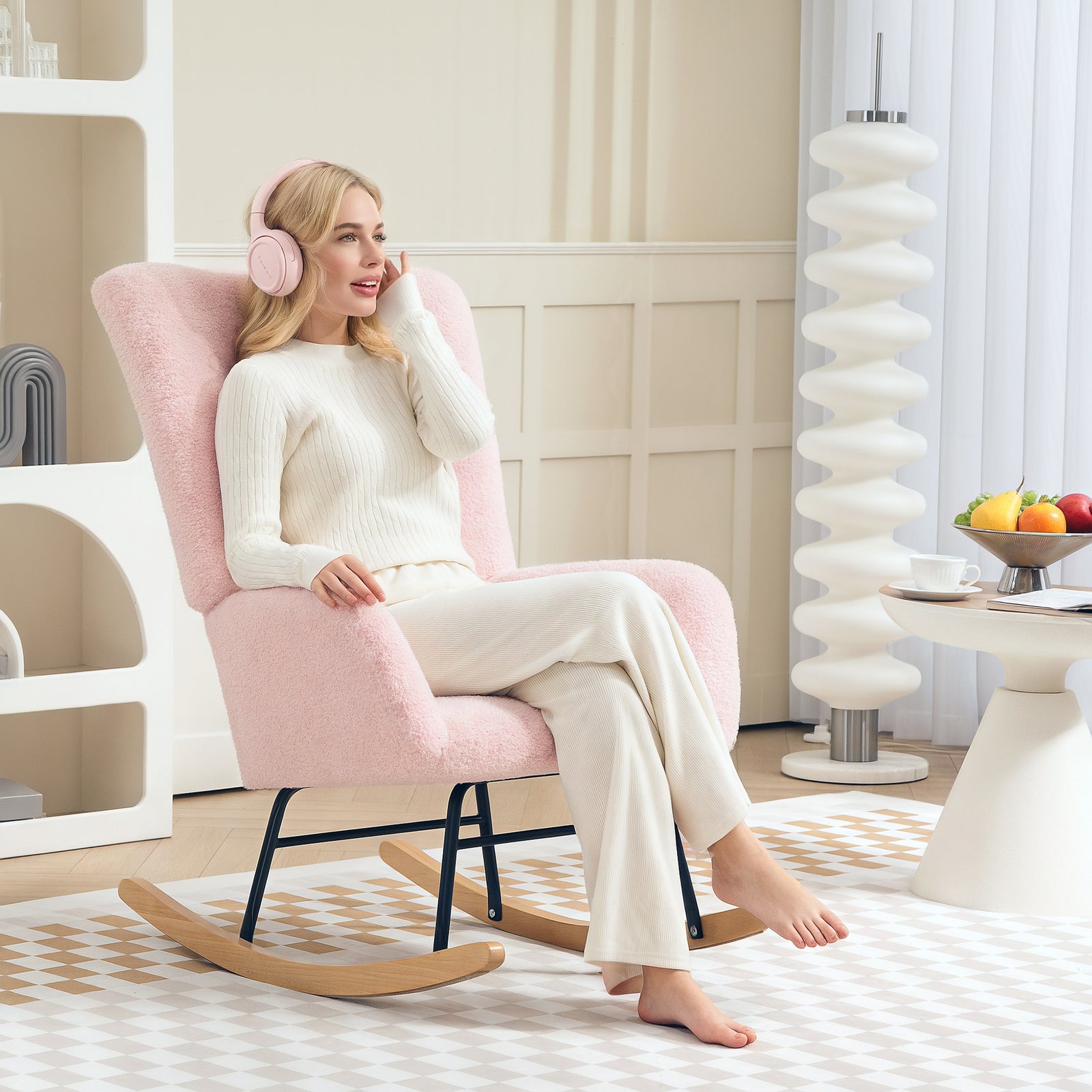 Rocking Chair, Modern Armchair With Backrest For Bedroom | Pink