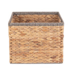 Water Hyacinth Square With Grey Rope Border Storage Basket | Large | Brown
