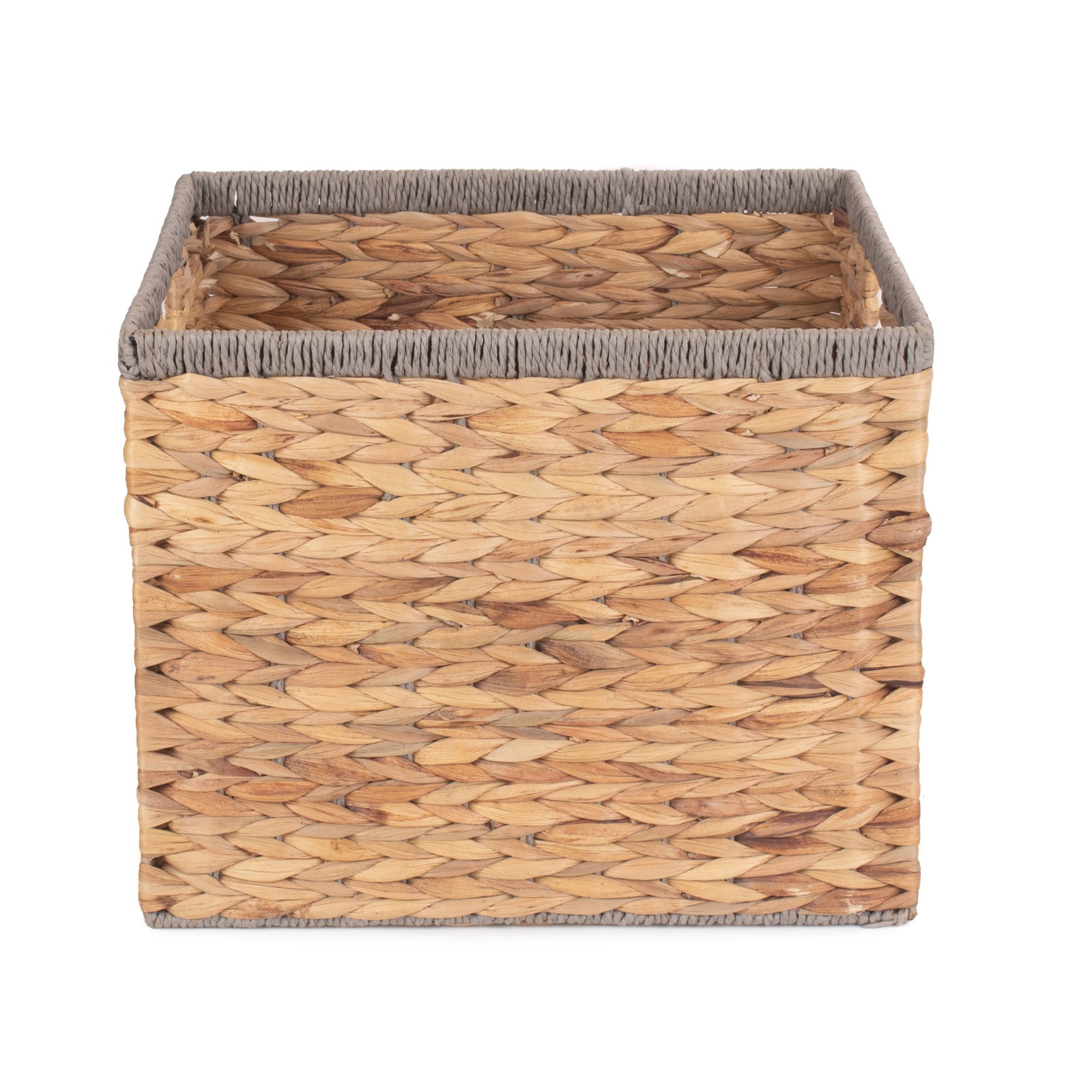 Water Hyacinth Square With Grey Rope Border Storage Basket | Large | Brown