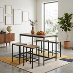 5-piece Bar Table Set With 4 Stools, Industrial Wood Grain Breakfast Bar Dining Set With Black Metal Frame