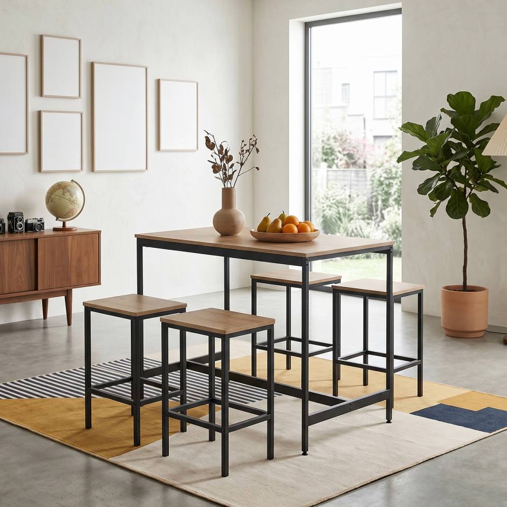 5-piece Bar Table Set With 4 Stools, Industrial Wood Grain Breakfast Bar Dining Set With Black Metal Frame