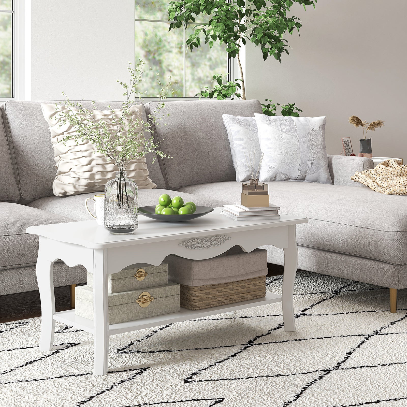 Wooden Coffee Table, White Shelf, Storage