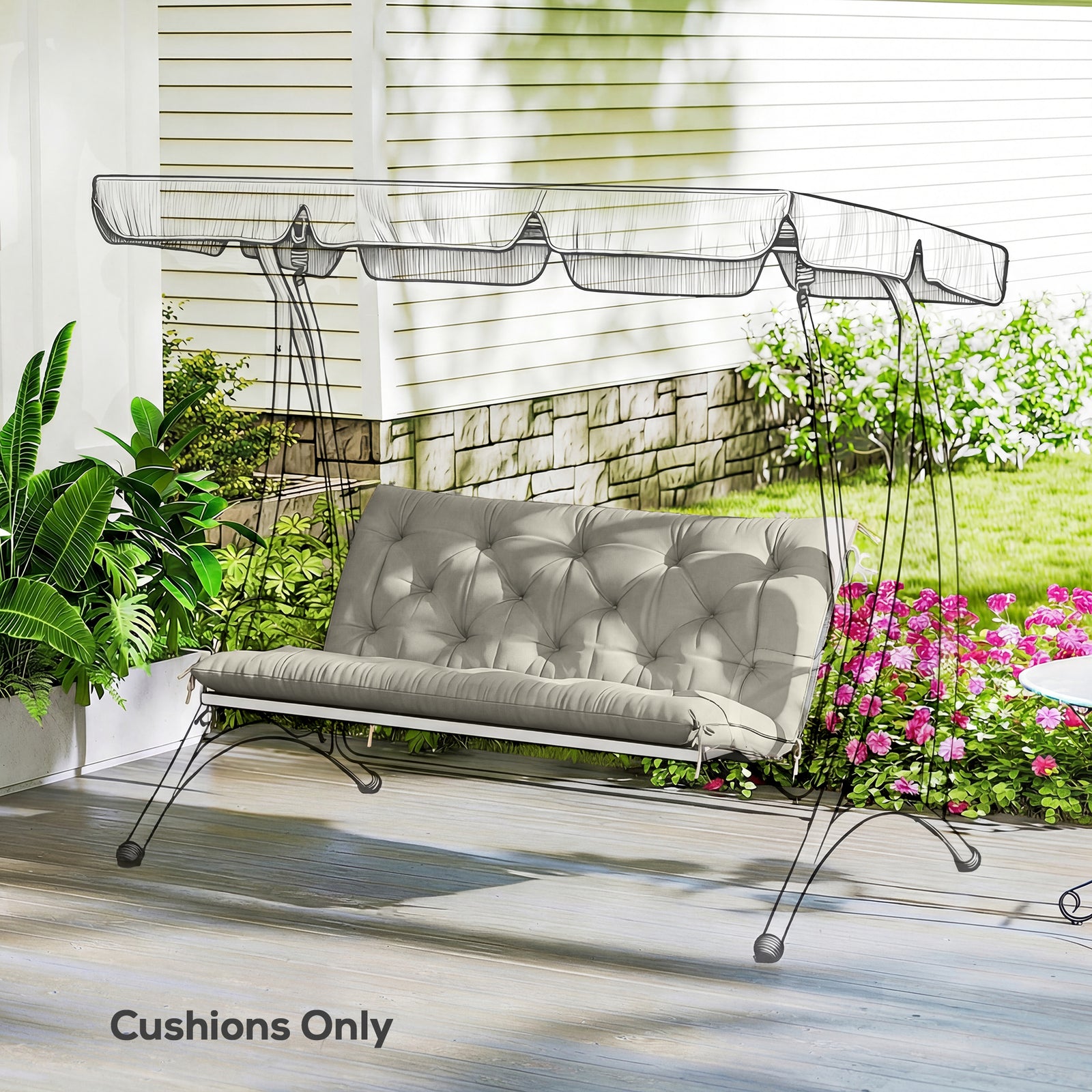 Garden Bench Cushion, Seat Pad With Ties | Grey