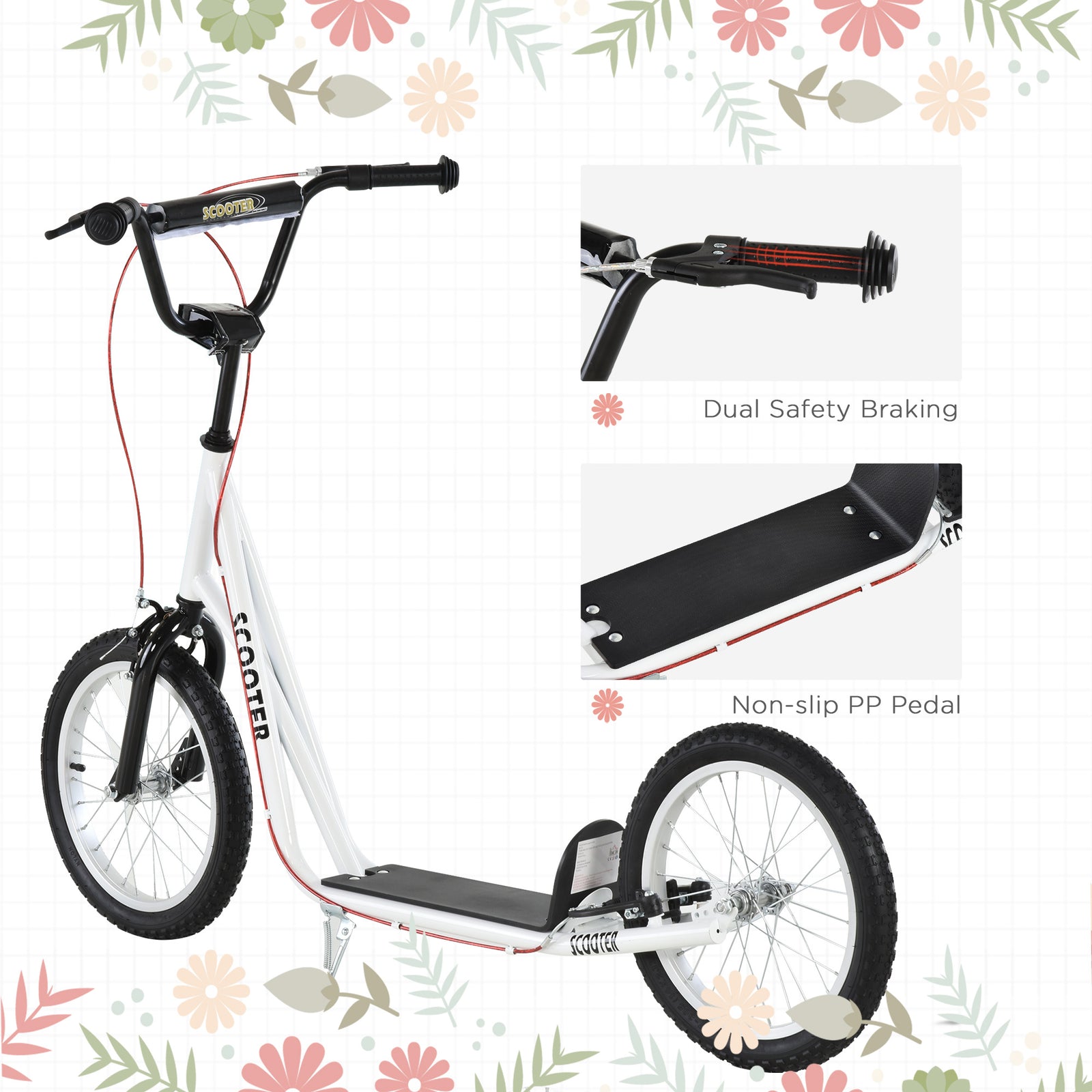 90-96cm Kids Kick Scooter W/ Adjustable Handlebar Inflatable Wheels | White