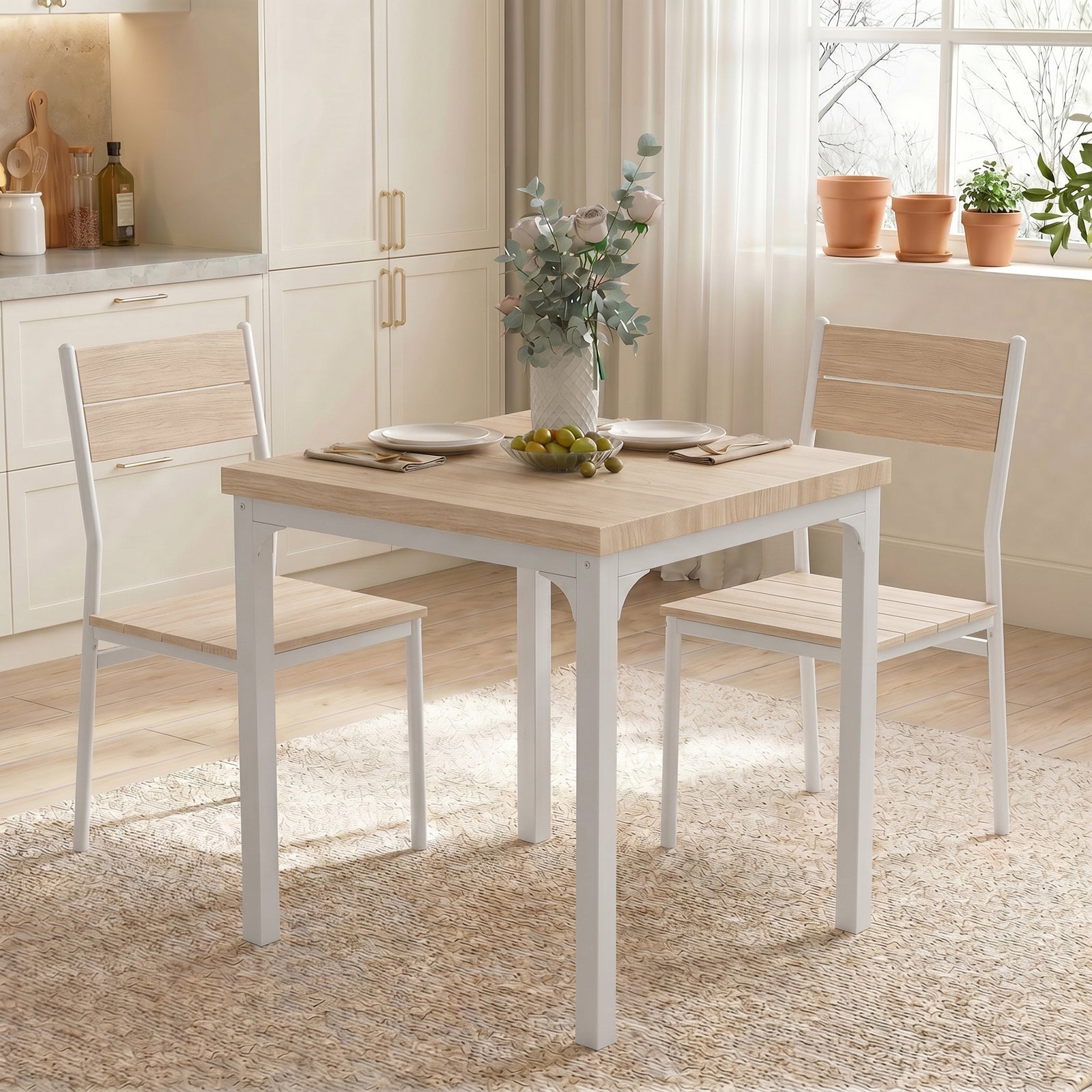 3 Pcs Compact Dining Table 2 Chairs Set | Oak