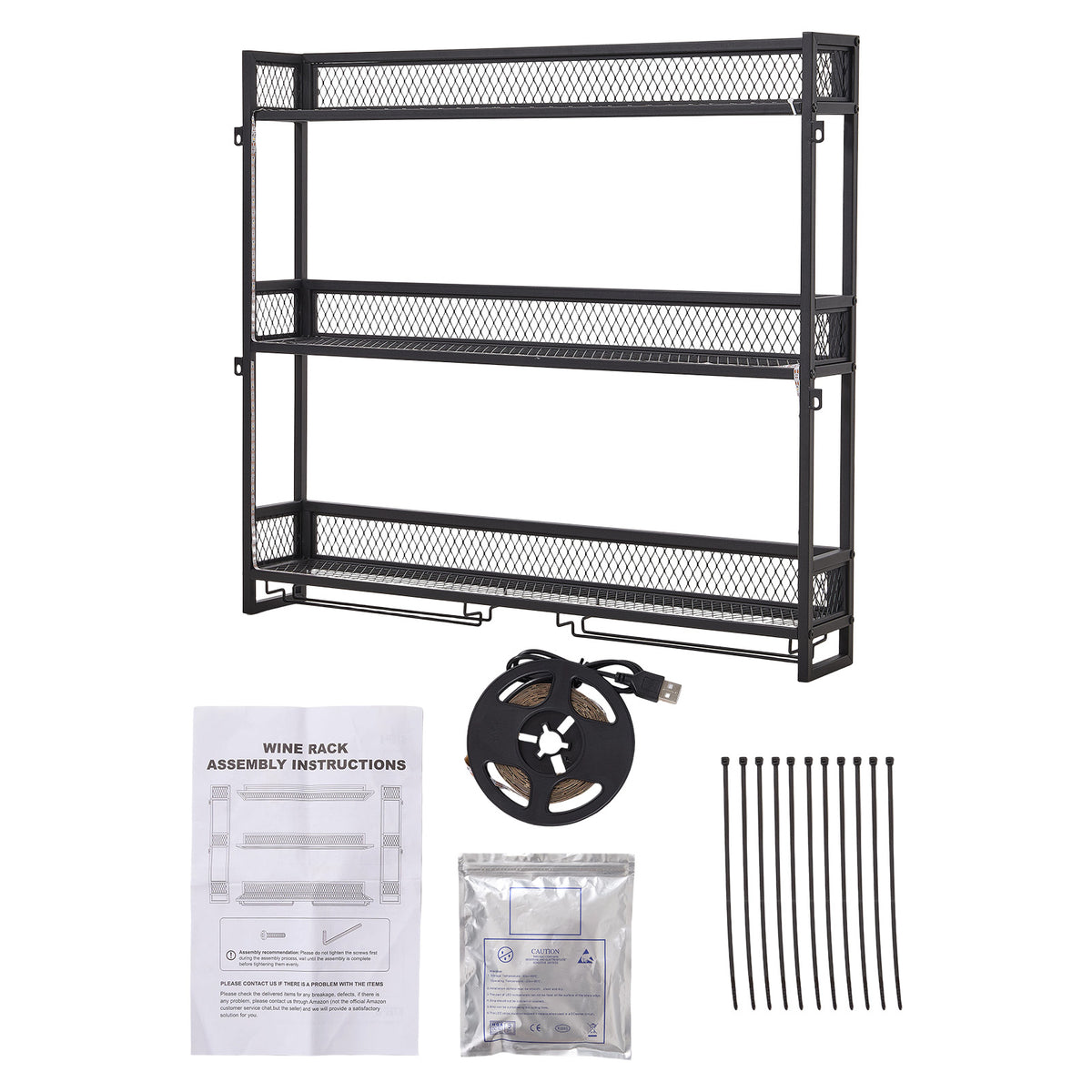 3-tier Wall-mounted Metal Wine Rack With Stemware Holders & Led Strip