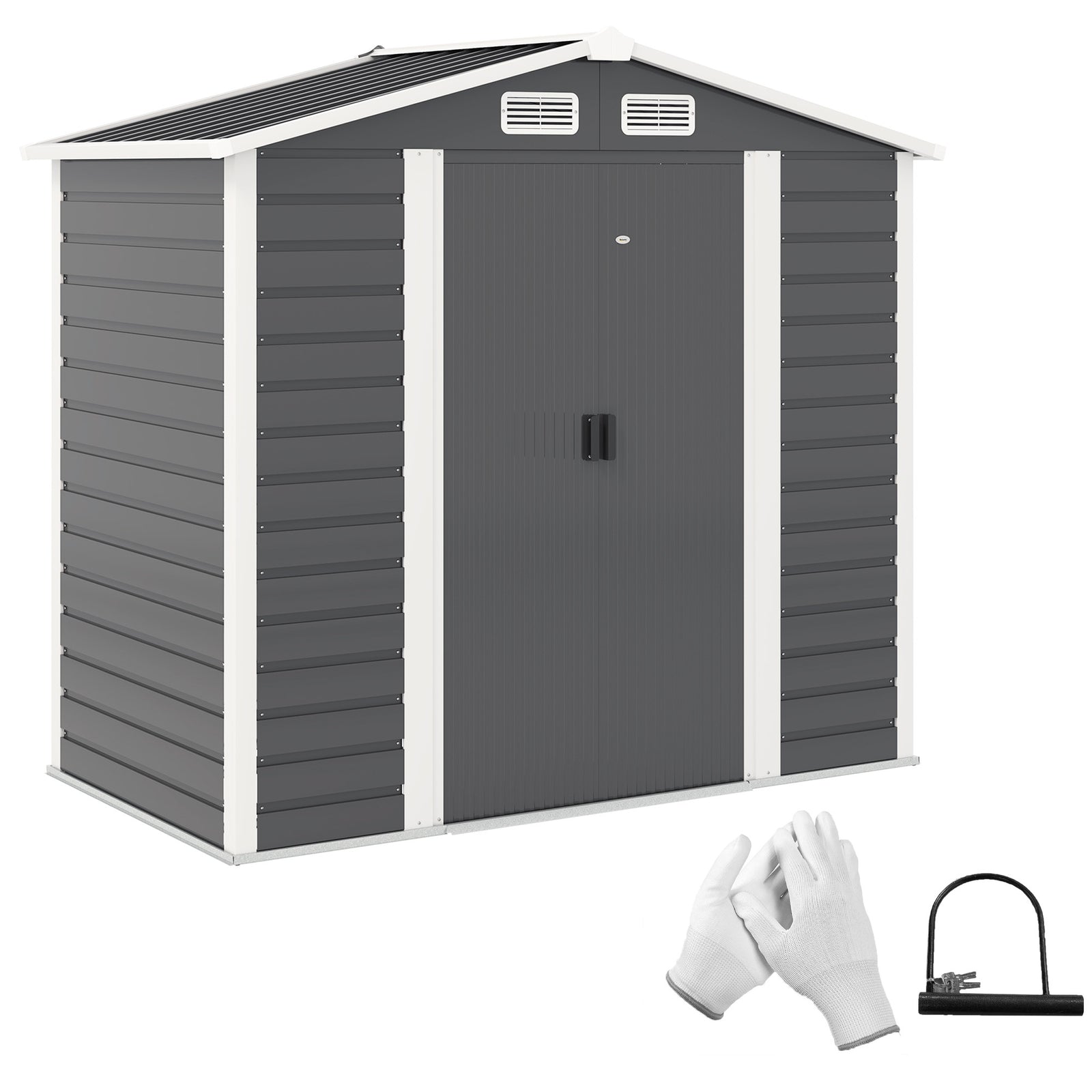 7 X 4ft Metal Garden Shed W/ Double Doors Gloves | Dark Gray