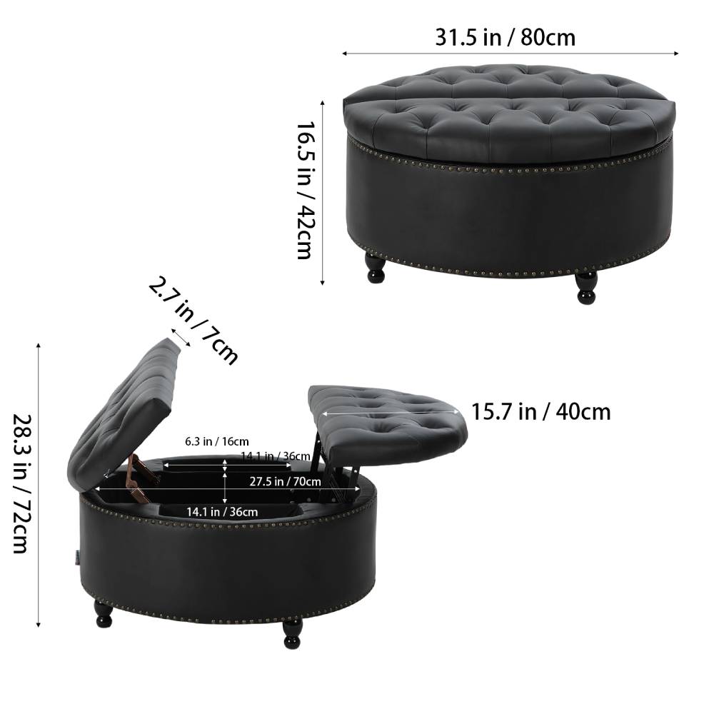 Round Pu Leather Upholstered Storage Ottoman With Lift-top & Flip Design | Black