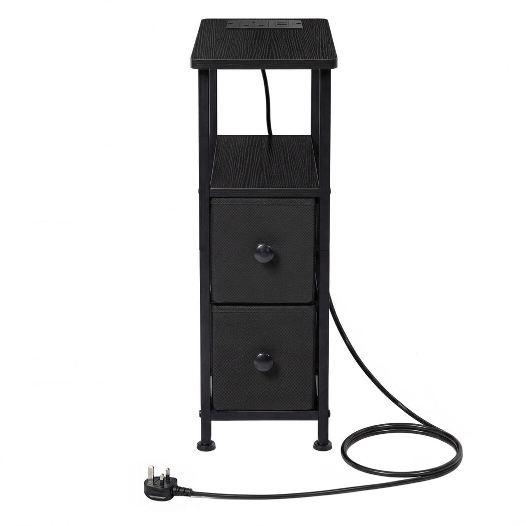 Bedside Table Narrow Side Table With Led Charging Station Storage Black | Black