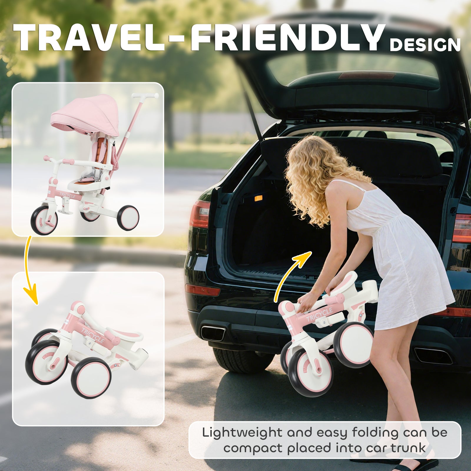 5 In 1 Foldable Kids Trike, Toddler Tricycle For 1-3 Years | Pink
