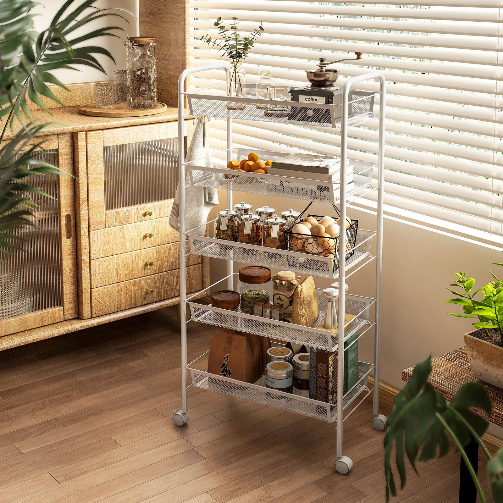 5 Tier Rolling Cart, Mesh Baskets White