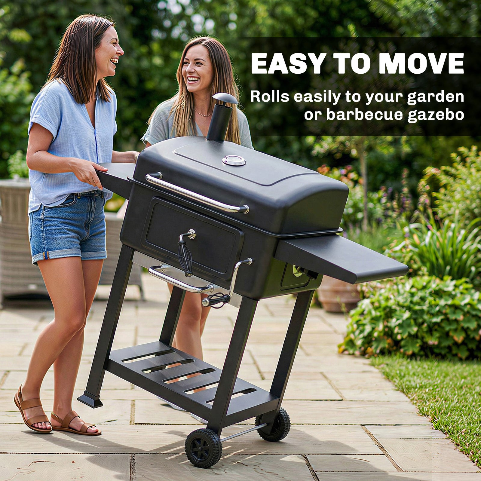 Charcoal Bbq Grill, Large Barbecue Grill Smoker With Wheels, Black