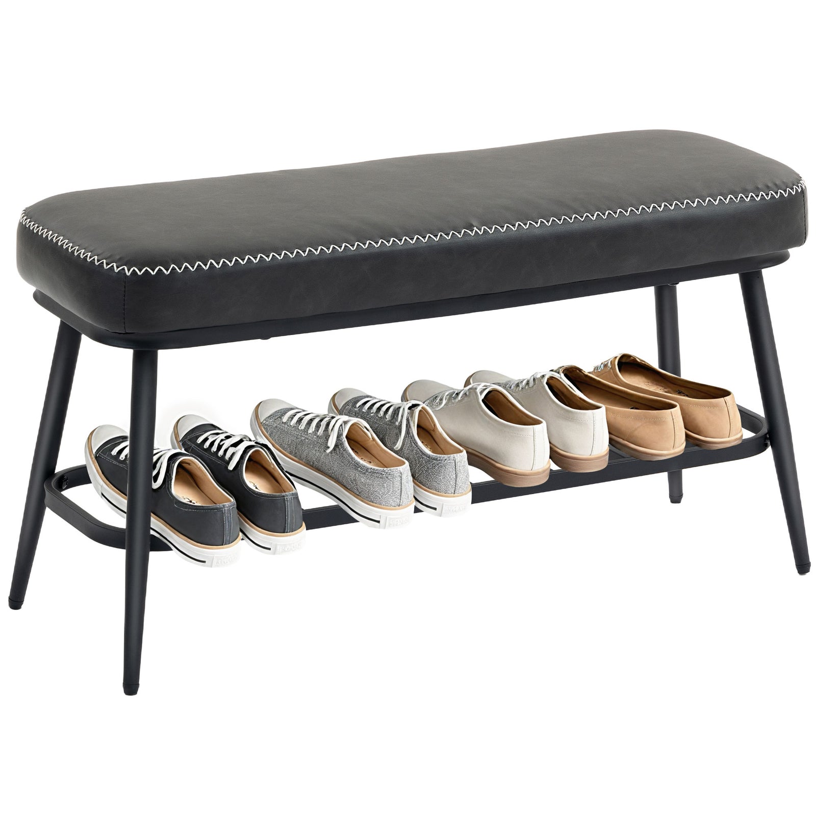 Shoe Bench, Pu Leather Shoe Storage Bench For Entryway | Charcoal Grey