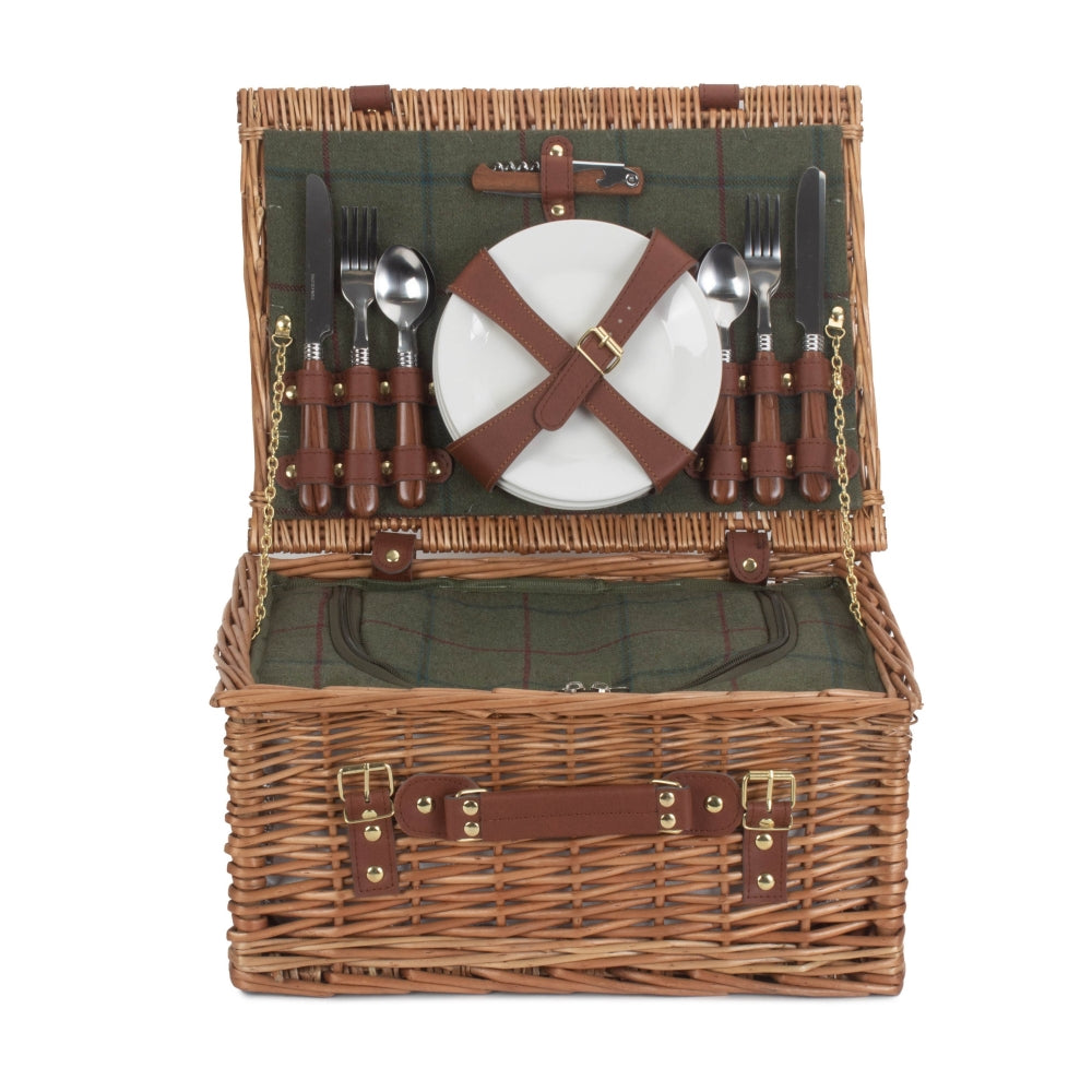 Green Tweed Classic Picnic Wicker Basket | 4 Person | Green
