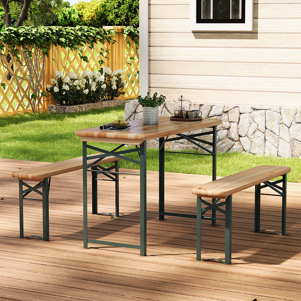 Outdoor Wooden 3-piece Garden Table Bench Furniture Set