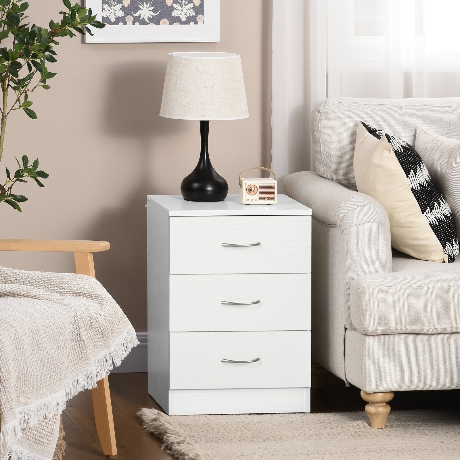 Modern 3 Drawers Side Cabinet, Wooden Bedside Table
