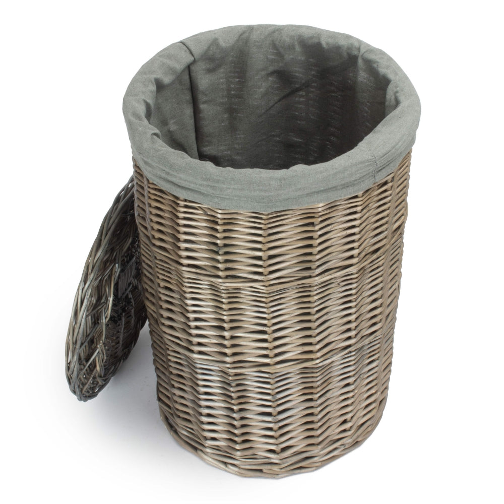 Antique Wash Round Linen Basket With Grey Sage Lining | Small