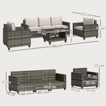 6 Pieces Rattan Set, 5 Seater With Coffee Table, Light Grey