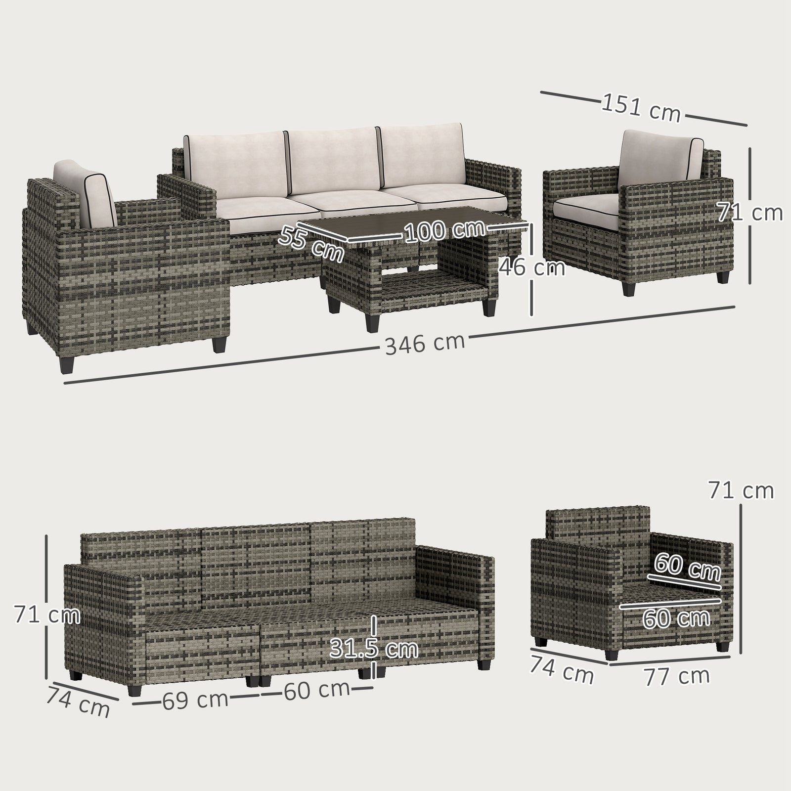 6 Pieces Rattan Set, 5 Seater With Coffee Table, Light Grey