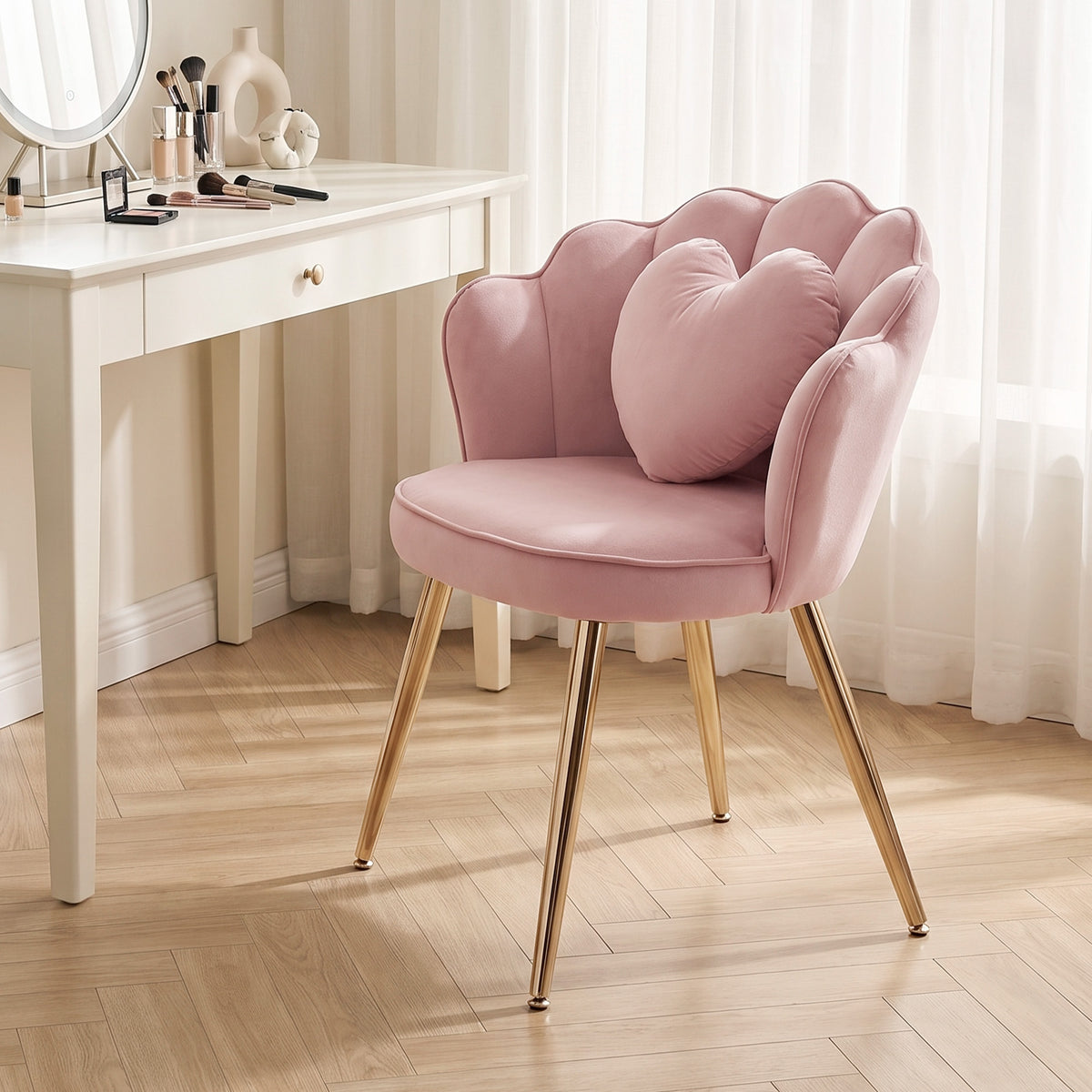 Accent Chair With Heart Pillow Velvet Upholstered Lotus Back Pink