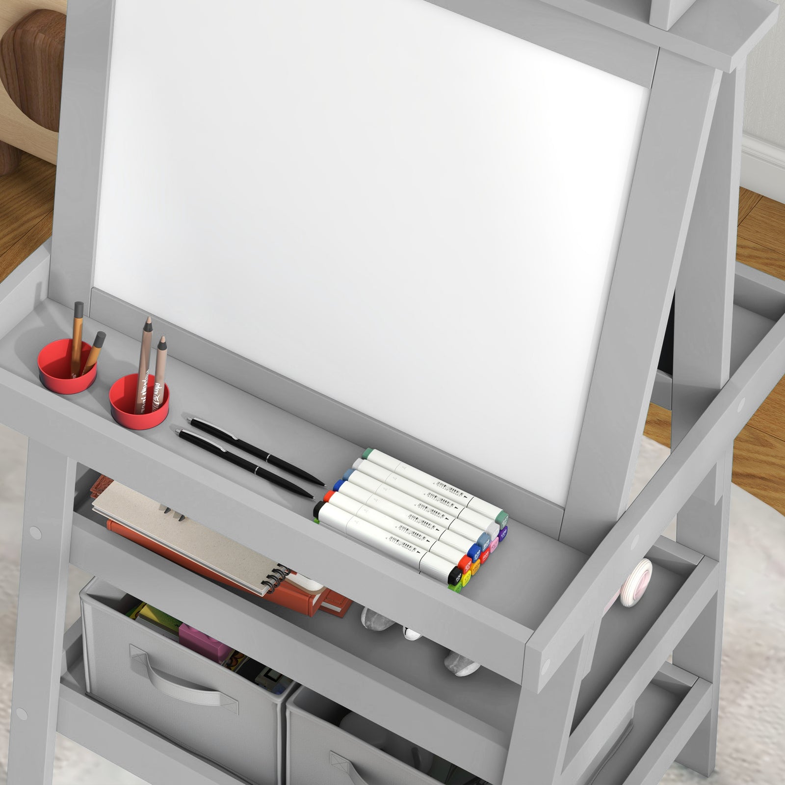 Double-sided Art Easel For Kids W/ Paper Roll, Storage Baskets | Gray
