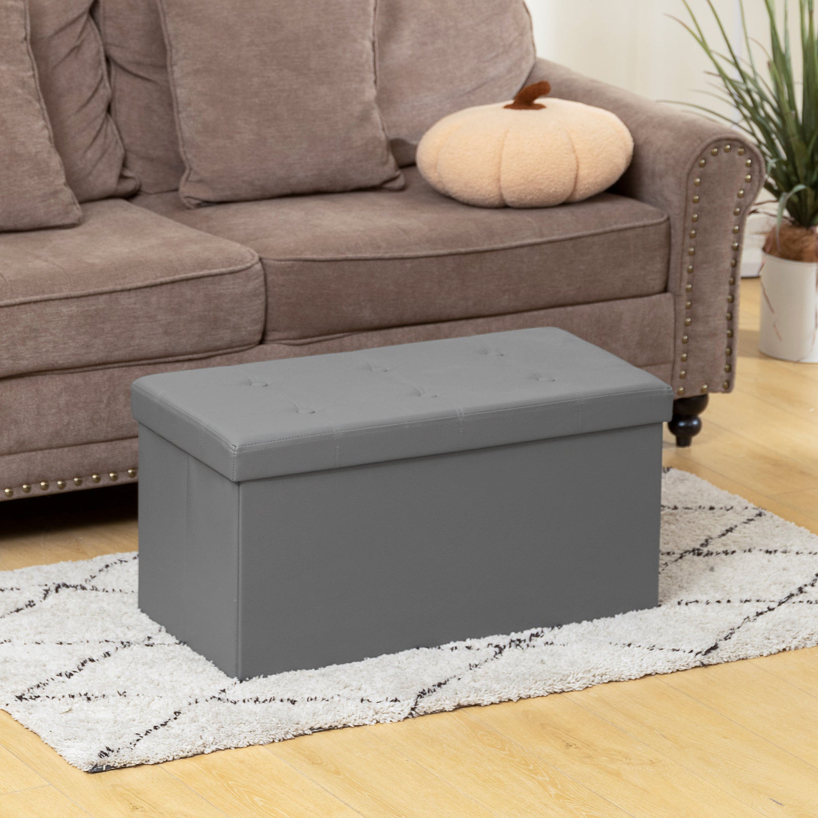 Storage Ottoman Bench, 89l Pu Leather Folding Foot Rest | Grey
