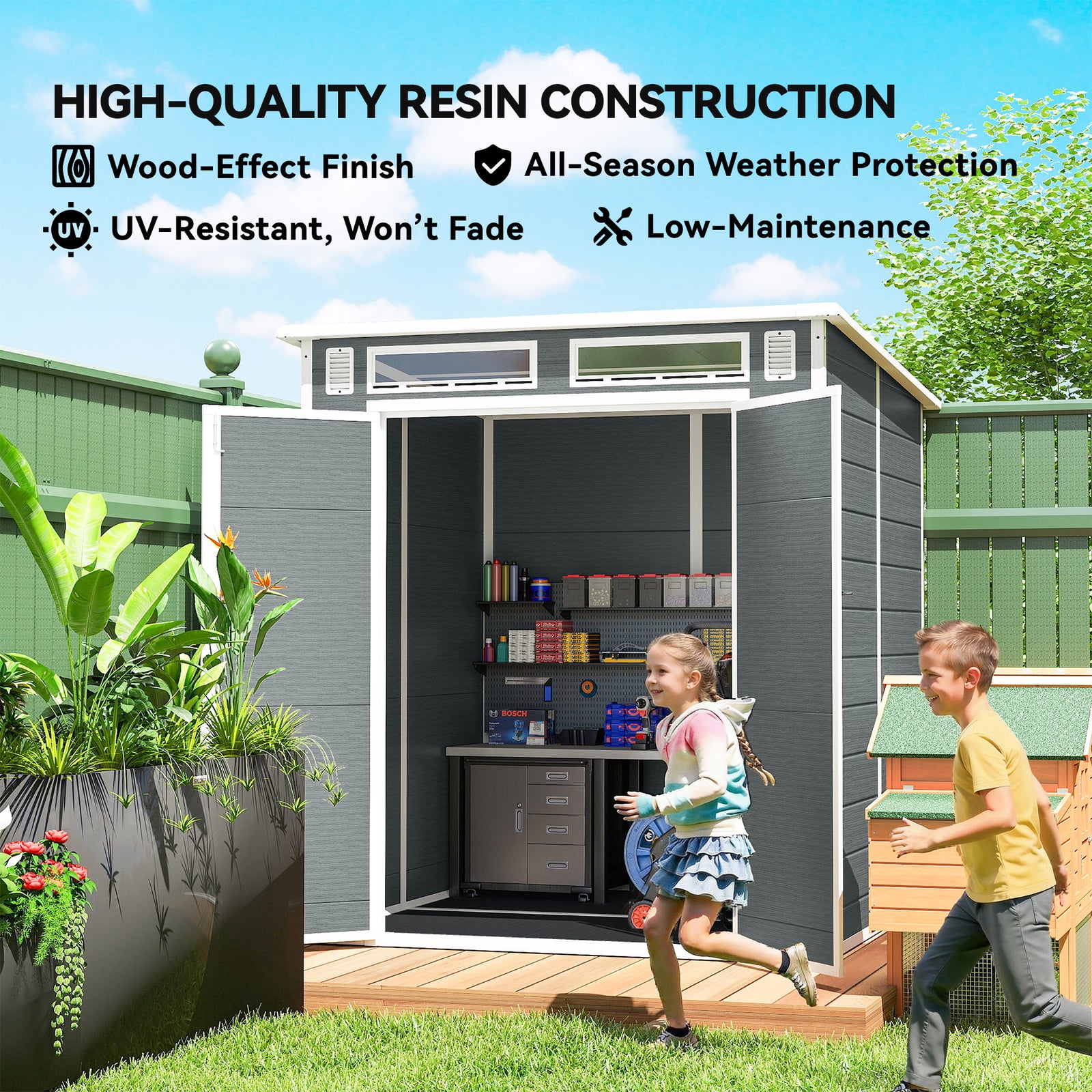 6 X 6 Ft Plastic Garden Shed With Floor, Lockable Doors | Grey