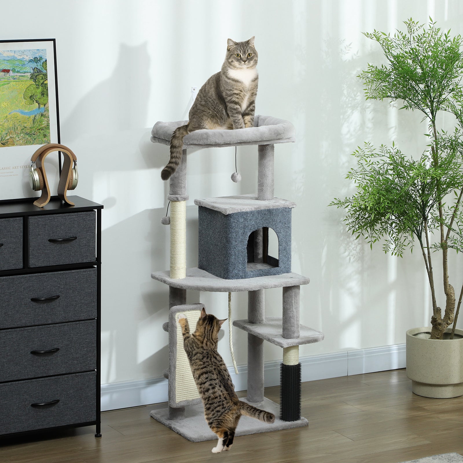 132cm Cat Tree For Indoor Cats W/ Scratching Posts, Light Grey