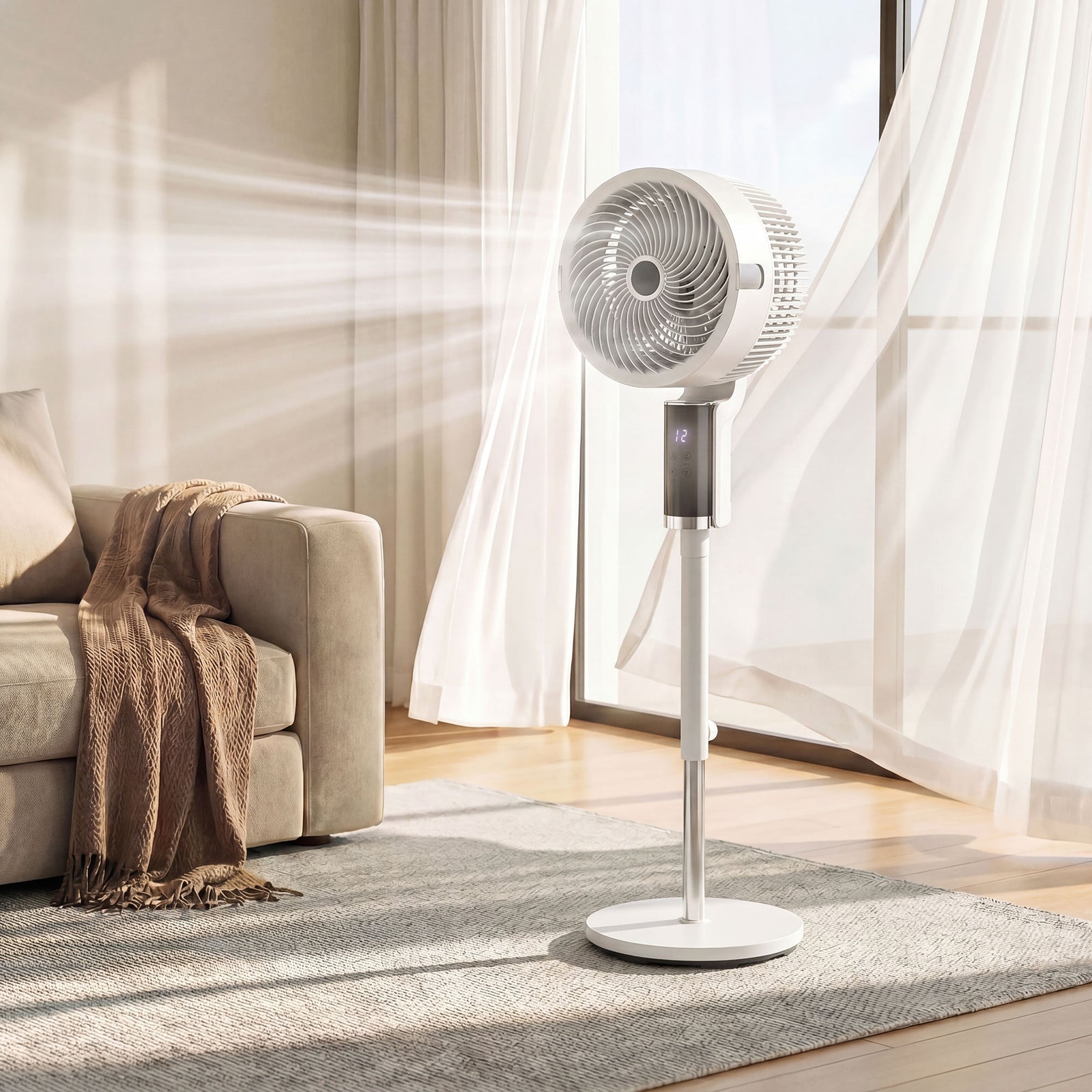 HOMCOM 20 Db Standing Fan With Oscillating, 8 Speeds, Led Light, White