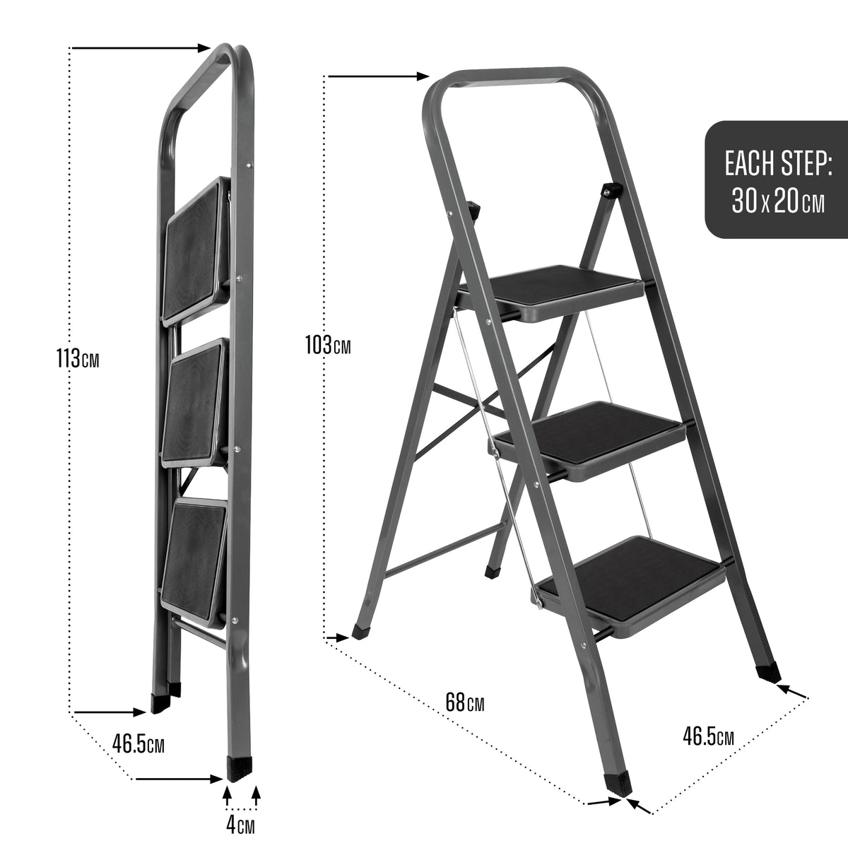 3 Step Ladder, Heavy-duty Steel Folding Home Diy Step Stool With Wide Non-slip Steps & Anti Slip Feet 150kg Capacity | 3 Step | Grey