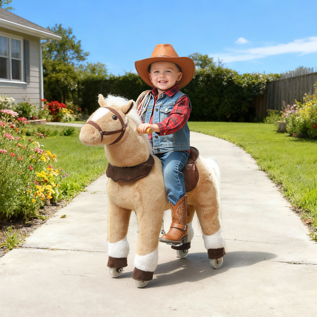 AIYAPLAY Plush Rocking Horse With Rolling Wheels For 3-5 Years, Brown