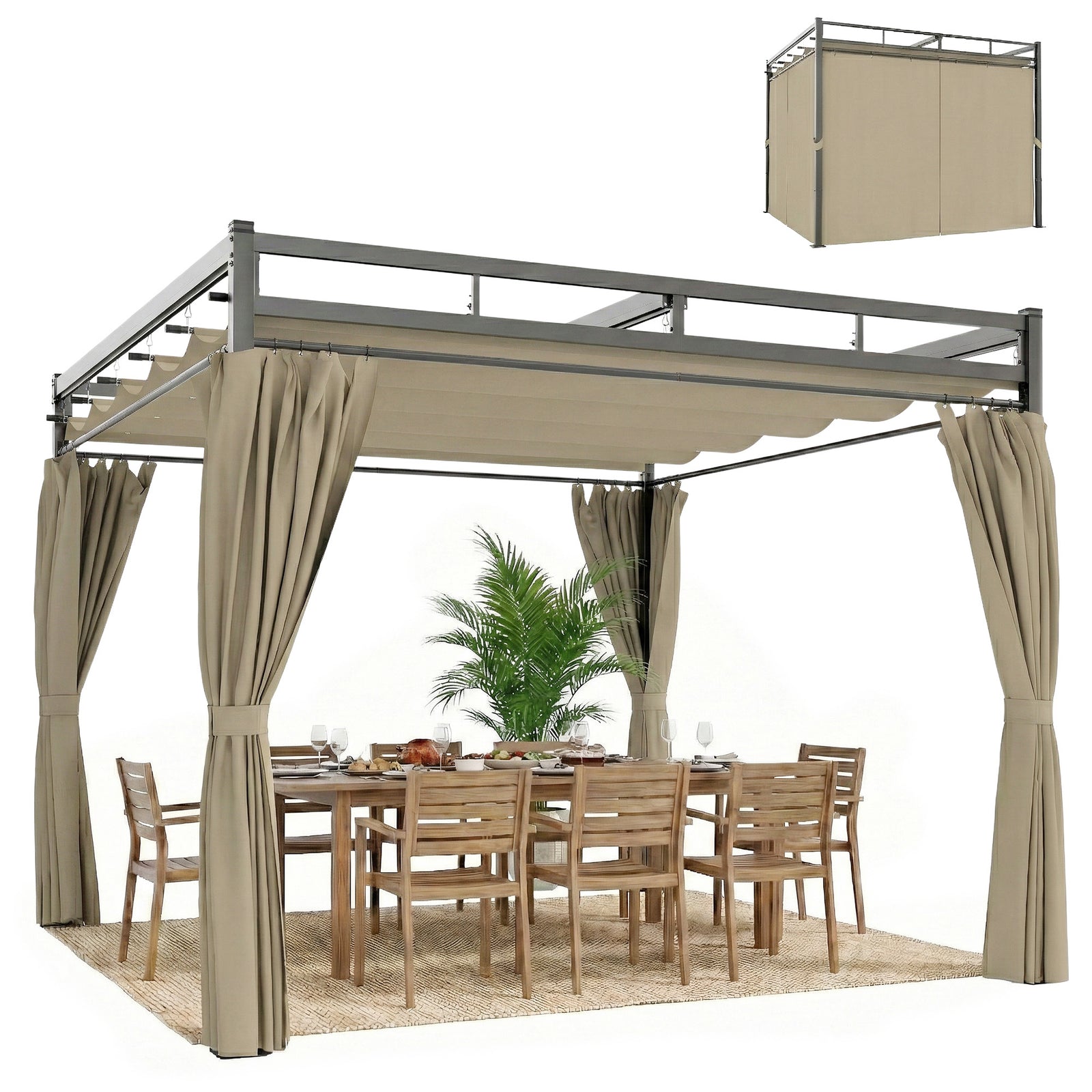 3 X 3 M Garden Pergola With Retractable Canopy, Curtains | Khaki