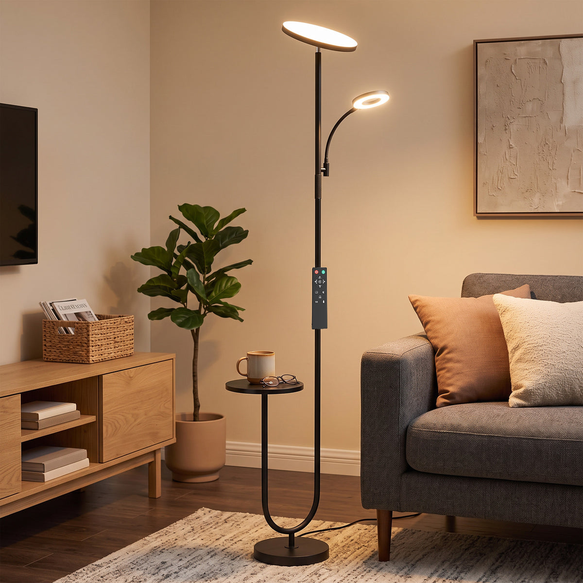 Uplighter Floor Lamp With Table, Dual Light Dimmable Standing Lamp