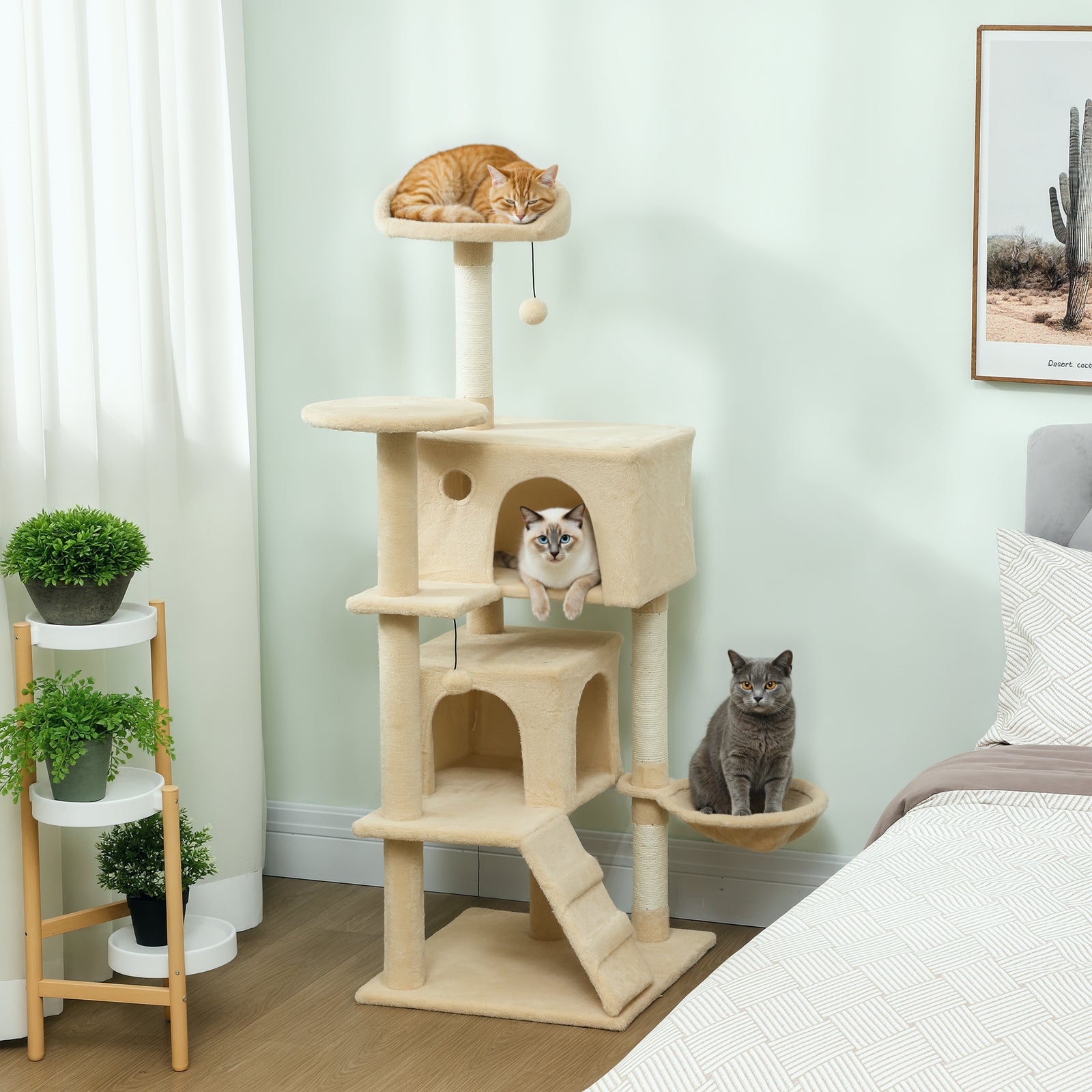 Cat Tree Tower With Sisal Scratching Posts, Condos | 140cm | Beige