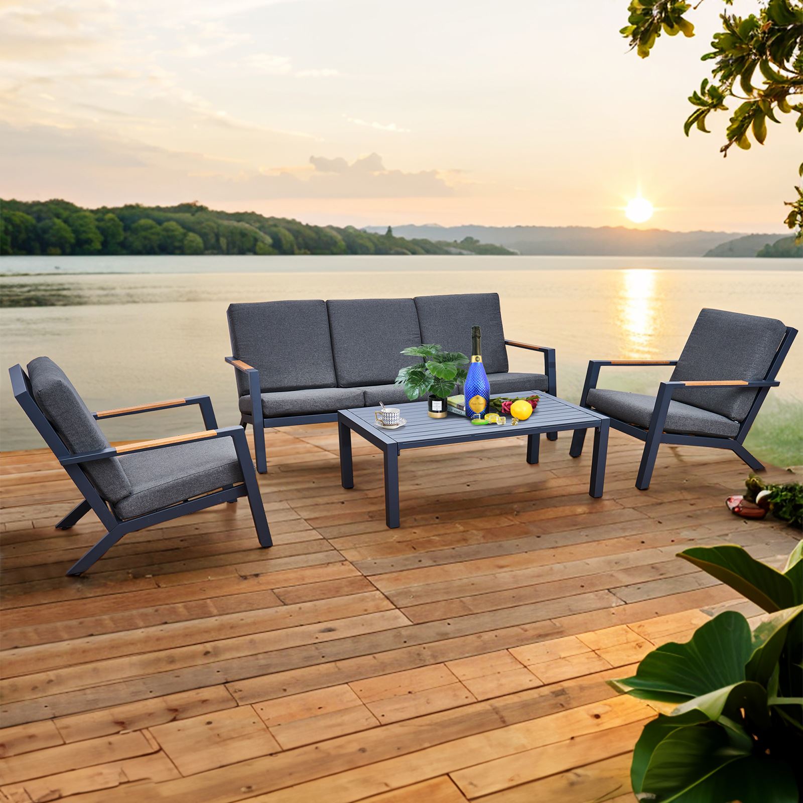 Malibu Aluminium 5 Seat Lounge Set In Grey With Olefin Cushions & Syn-teak Arms | Grey