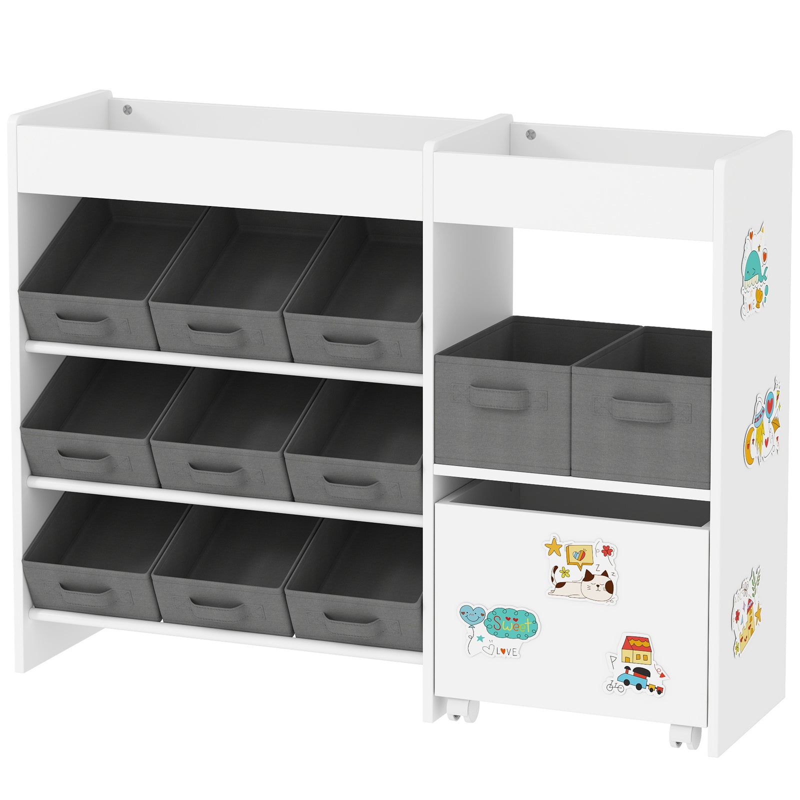Kids Toy Storage Unit With 11 Fabric Bins, 3 Stickers | White