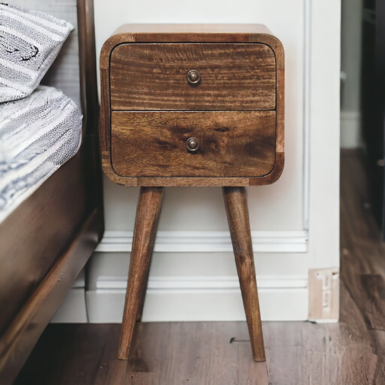 Solid Wood Mini Curved Grey Washed Bedside