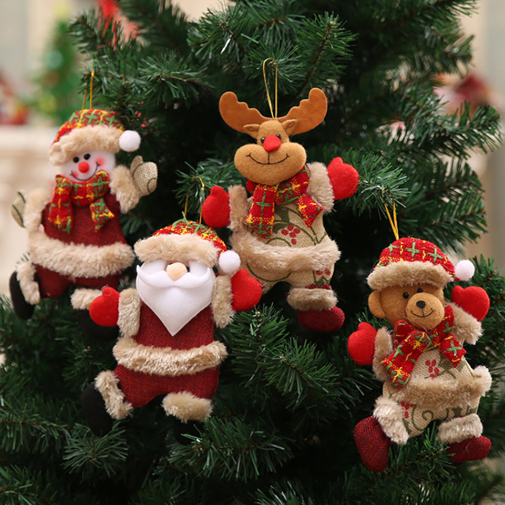 4 Pieces Christmas Tree Ornament Snowman Santa Claus Elk And Bear Shape Xmas Dolls